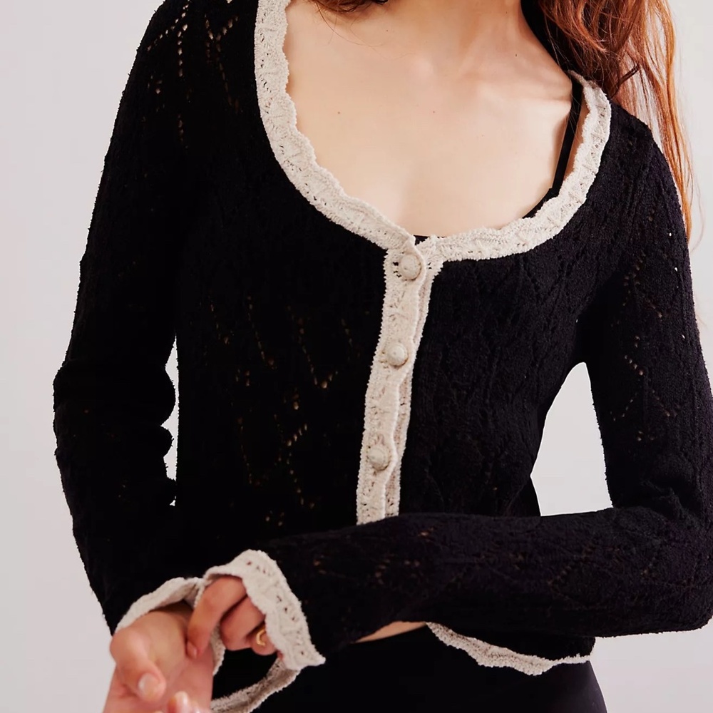 Free People Adelene Cardigan, Black Cream Combo, Large, NWT